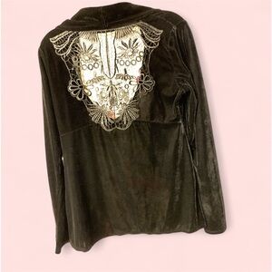 Cato medium jacket black velvet jacket crocheted se through on back ruffles